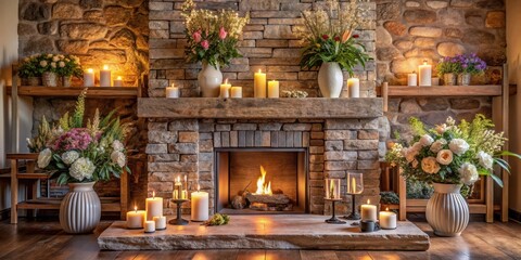 Rustic Stone Mantle Decor with Candles and Flowers in Cozy Living Room Interior