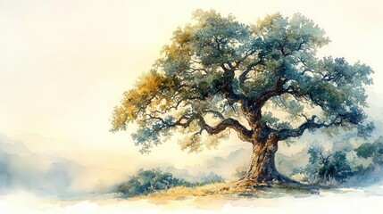 majestic oak tree watercolor technique delicate brushstrokes capture intricate bark and leaves soft white background ethereal atmosphere muted earth tones with hints of vibrant green