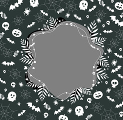 pattern background with a frame for Halloween with skulls, bats, cobwebs, spiders, candies and ghosts