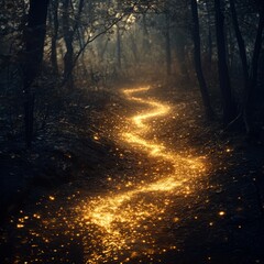 Fototapeta premium A mystical forest path illuminated by glowing particles.