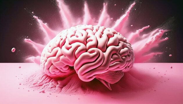 Conceptual Pink Human Brain Exploding into Particles on Dark Pink Background