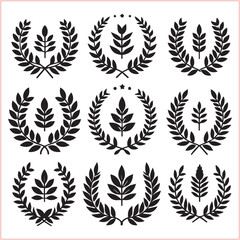 Set of black laurels frames branches Hand drawn vector laurel leaves decorative silhouette elements

