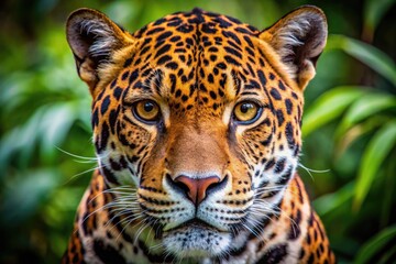 Obraz premium Close-up of a majestic jaguar face showcasing its striking features and fierce expression in nature
