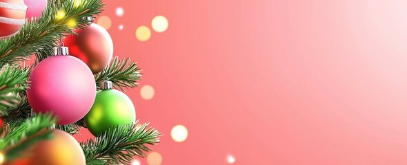 Fototapeta premium A Christmas tree with ornaments and abstract defocused lights on a red background
