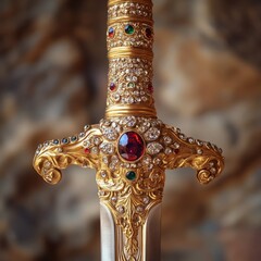 Naklejka premium Ornate sword with a jeweled hilt and intricate design.