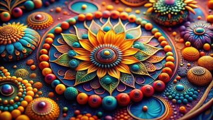 Closeup of an abstract modern art print showcasing vibrant colors and intricate patterns in detail