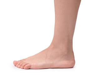 Barefoot woman on white background, closeup view