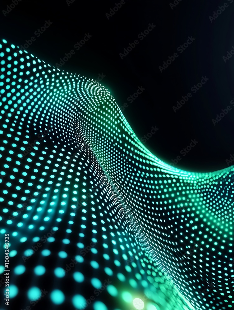 Poster a mesmerizing wave of glowing dots creating dynamic patterns against a dark background. a minimalist