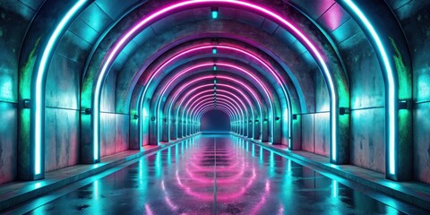 Futuristic Alien Corridor Tunnel with Neon Lights and Reflective Concrete