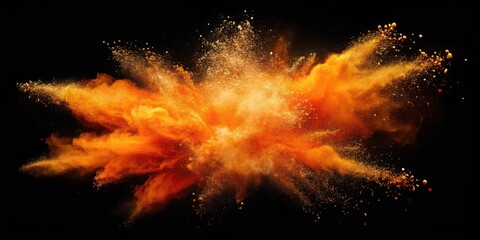 Vibrant orange powder explosion on black background, freeze motion dust particles