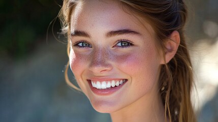Fototapeta premium A close-up portrait of a young woman with light brown hair pulled back in a ponytail, smiling brightly. Her skin is fair and glowing, and her teeth are white and bright, generative ai