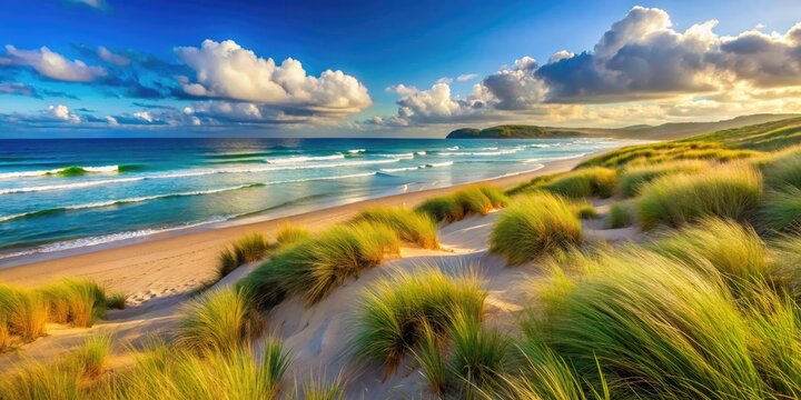 Closeup of Beach Grass and Pingao Growing on a Coastal Beach with Soft Sand and Ocean Waves
