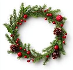 Wreath made from fir tree and cones isolated on white. Christmas decoration.