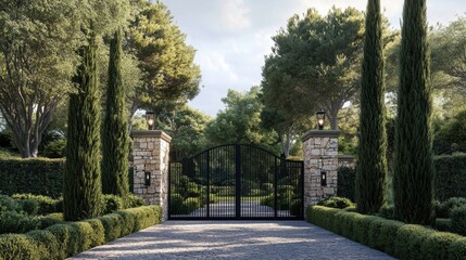 Obraz premium A stylish black gate with stone walls surrounded by landscaped gardens and tall cypress trees, capturing suburban entrance elegance.