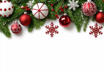 Toys on a white fir tree branch with an isolated background of Christmas toys