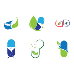 herbal capsule pill leaf medicine drug logo vector