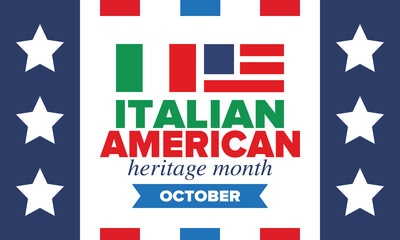 Italian American Heritage Month. Happy holiday celebrate annual in October. Italy and United States flag. Culture month. Patriotic design. Poster, card, banner, template. Vector illustration