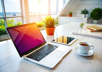 Close Up of Laptop and Digital Tablet on White Office Table for Business and Productivity Concepts