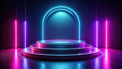 Elegant podium with neon lights in rendering for modern stage design