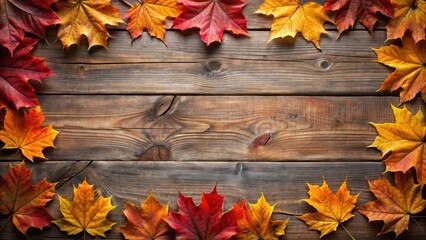 Obraz premium Autumn sugar maple leaves surrounding rustic wood backdrop in nature setting