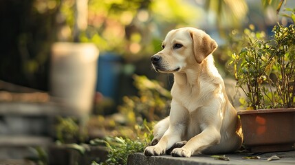 Anjing penjaga besar duduk di depan rumah. Dekat gambar anjing penjaga duduk di depan rumah dan latar belakang taman. Watchdog konsep. generative ai