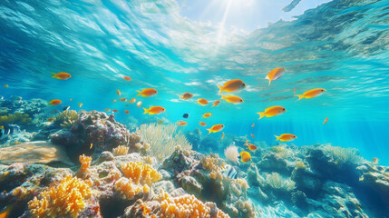 Fototapeta premium A school of colorful tropical fish swimming through a vibrant coral reef 