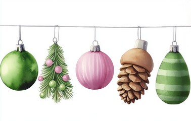 Isolated watercolor illustration of gold pine cones, acorns, glazed cookies, ornaments and trees for your cards or design projects.