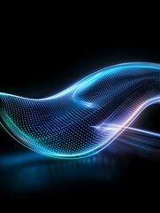 A vibrant blue wave of light with a digital texture, creating a mesmerizing visual effect against a dark background. A minimalist poster in metallic and chrome gradient style.