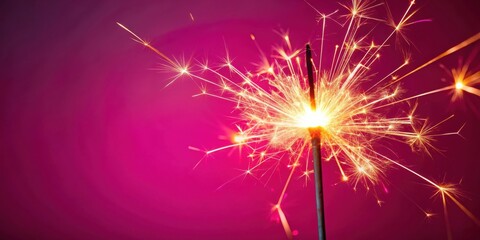 Fototapeta premium Brightly burning sparkler in close up on vibrant pink background for celebrations