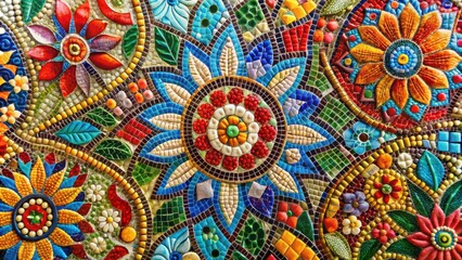 Close up of vibrant and intricate glass mosaic mural with detailed patterns and colors for design inspiration and artistic projects