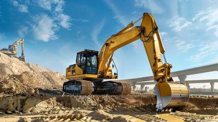 Powerful Excavator at a Construction Site Moving Earth for Roadwork and Infrastructure Development