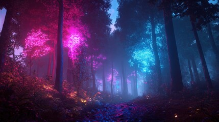 The forest is alive with glowing neon trees that illuminate the surroundings, casting colorful lights through the misty air as night falls