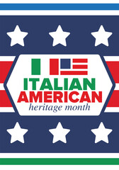 Italian American Heritage Month. Happy holiday celebrate annual in October. Italy and United States flag. Culture month. Patriotic design. Poster, card, banner, template. Vector illustration