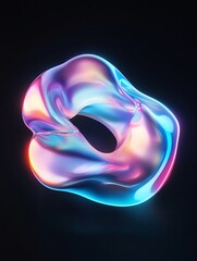 A vibrant, abstract shape with dynamic colors and fluid motion against a dark backdrop. A minimalist poster in metallic and chrome gradient style.