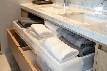 Organized Bathroom Storage with Neatly Folded Towels in Modern Marble Sink Vanity