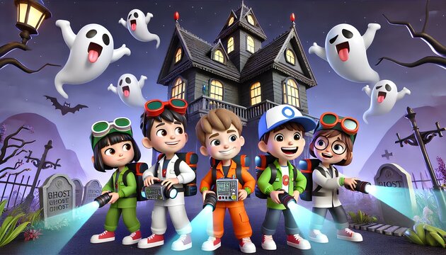 Kids dressed as ghost hunters with high-tech gear hunt ghosts in a spooky, abandoned house filled with eerie fun.