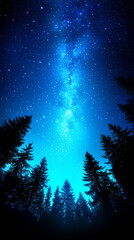 Naklejka premium Milky Way in Dark Blue Sky Seen from Forest with Tree Silhouettes at Night 
