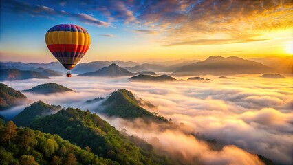 Fototapeta premium Panoramic sunrise hot air balloon ride over foggy mountains