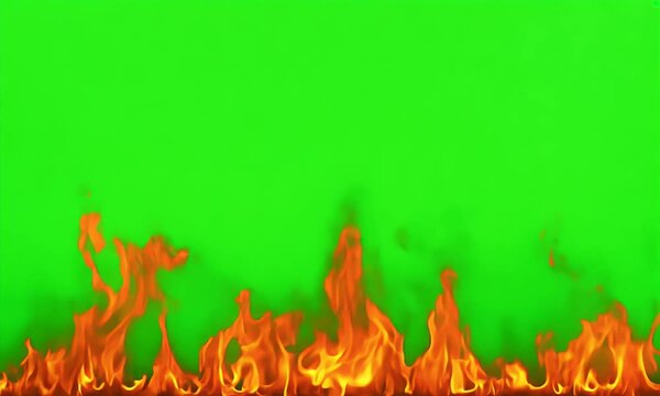 Flickering fire flames contrast beautifully against a bright green screen, perfect for adding visual effects to creative designs