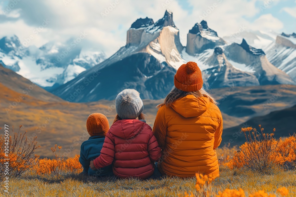 Wall mural family admiring majestic mountain peaks. outdoor adventure bonding