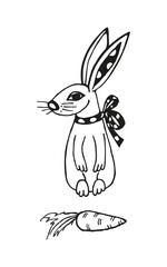 Cute line rabbit with carrot. Doodle style. Isolated on white background.