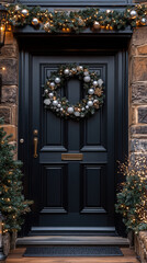 Elegant black front door with silver Christmas wreath and garland lights