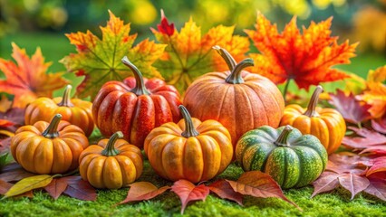 Obraz premium Colorful Artificial Pumpkins Surrounded by Maple Leaves on a Vibrant Green Background for Autumn Decor