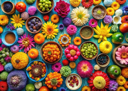Colorful assortment of bobes arranged creatively on a vibrant background for artistic inspiration