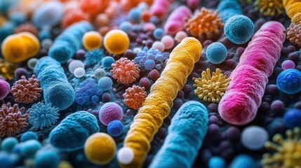 microscopic view showcasing the synergy of probiotic and prebiotic bacteria within the gut microbiome illustrated vividly with colorful abstract patterns representing digestive health
