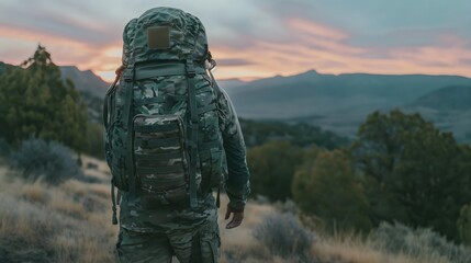 Hiker with camouflage backpack facing mountains. Tactical outdoor adventure