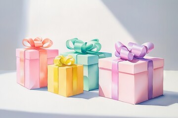 Obraz premium The watercolor painted Christmas gift boxes were generated using stock