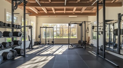 A bright and spacious gym with weights and racks, neatly arranged and ready for training
