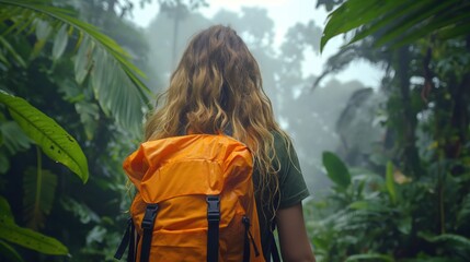 Woman in tropical rainforest. Jungle trekking experience