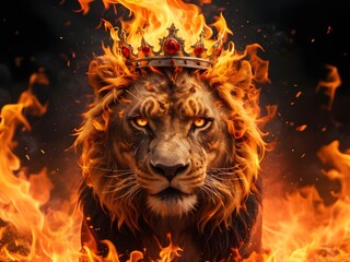 Naklejka premium A lion with a crown on his head with fire on a background